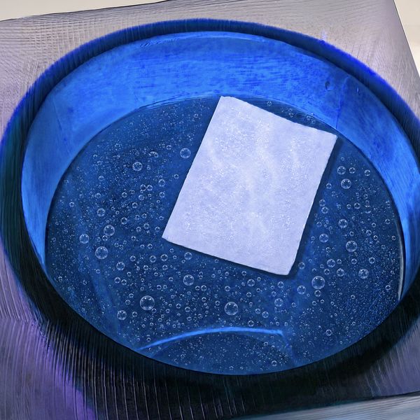 A square piece of white hydrogel floats on top of blue-tinted water.