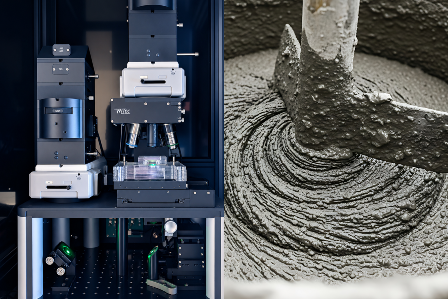Side-by-side photos showing a confocal Raman microscope and a close-up of gray cement paste being mixed.