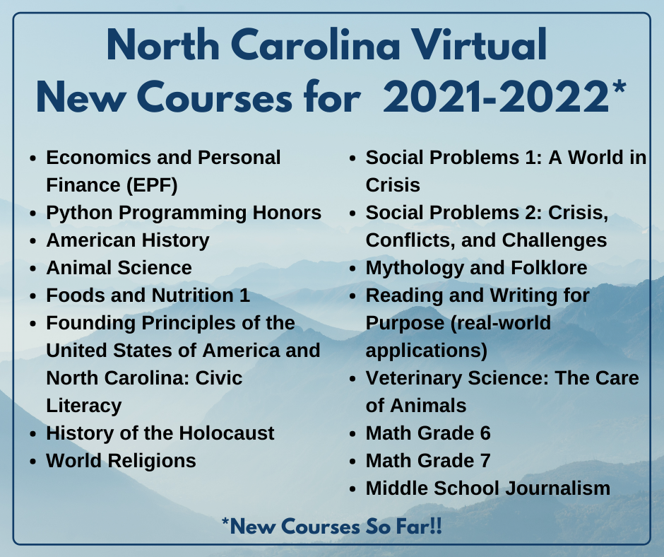 North Carolina Virtual 
New Courses for  2021-2022
Economics and Personal Finance (EPF)
Python Programming Honors
American History
Animal Science
Foods and Nutrition 1
Founding Principles of the United States of America and North Carolina: Civic Literacy
H