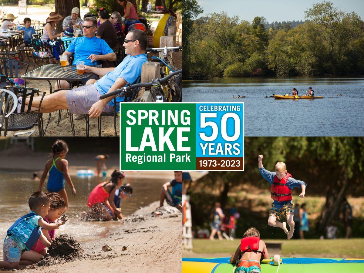 4 photos showing cyclists drinking beers on patio kayakers paddling on lake kids playing in sand and boy jumping from inflatable text in center reads spring lake regional park celebrating 50 years