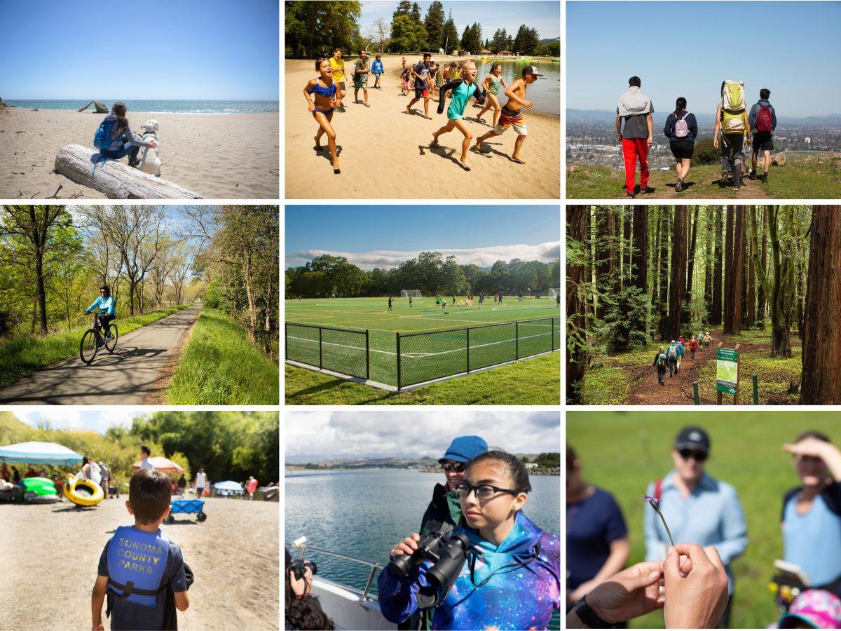 Collage of 9 photos of people enjoying parks from the coast beaches to trails to sports fields.