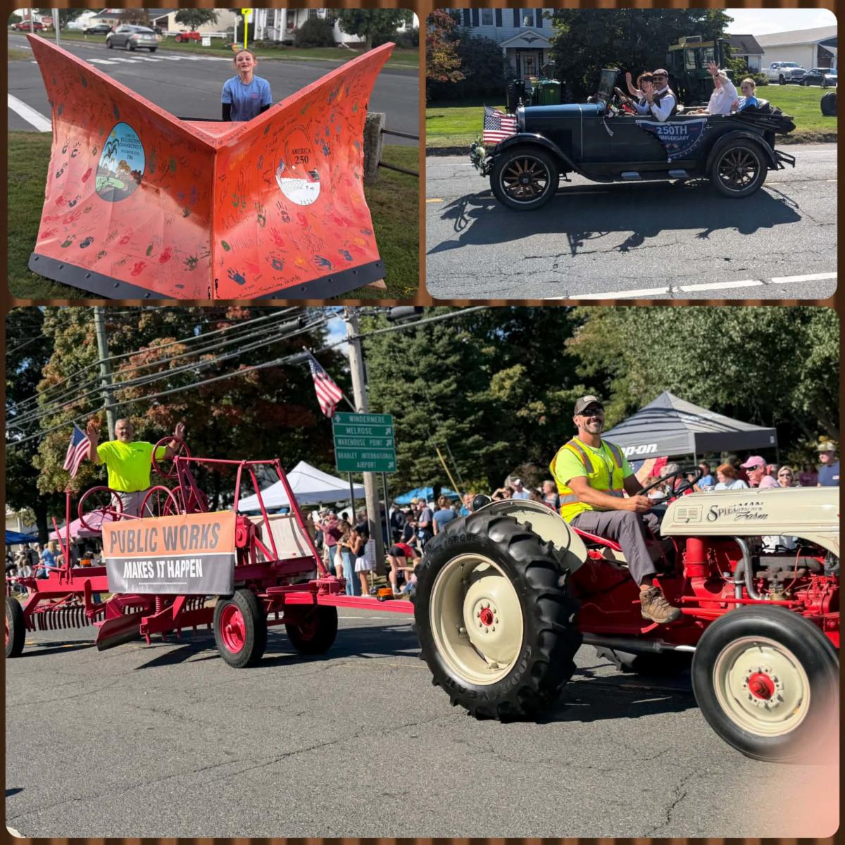 Collage of Ellington parade scenes featuring a snowplow decorated with handprints, an antique car, and a tractor pulling a Public Works Makes It Happen banner.