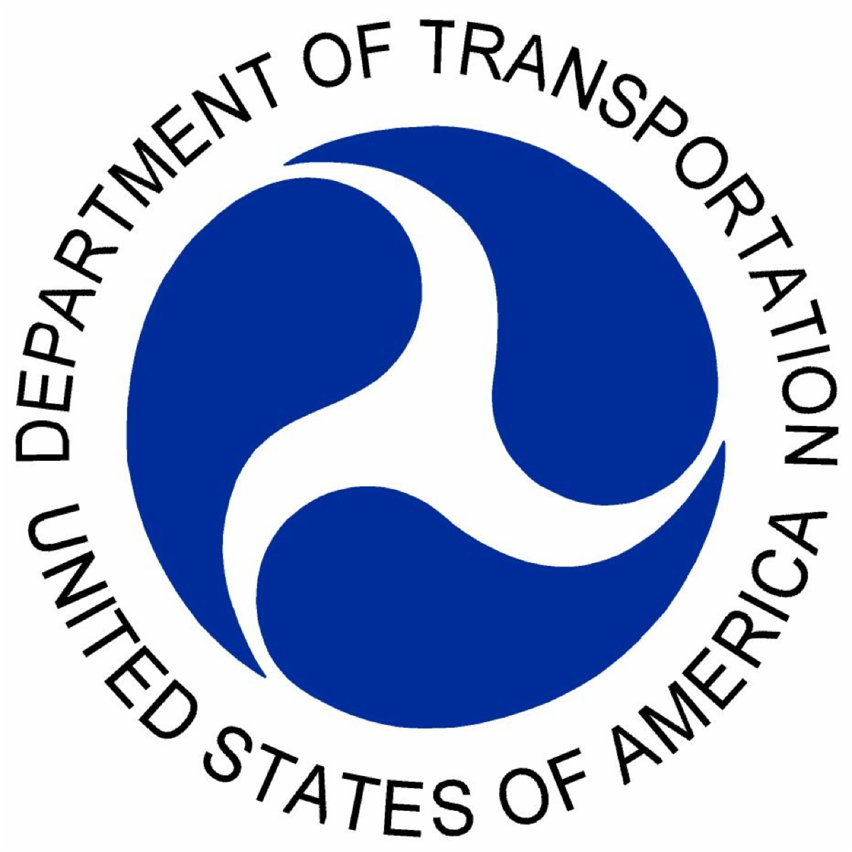 A  seal of the United States Department of Transportation (USDOT). It features a blue and white circular design with a stylized three-part swirl in the center, surrounded by the words "DEPARTMENT OF TRANSPORTATION" and "UNITED STATES OF AMERICA"