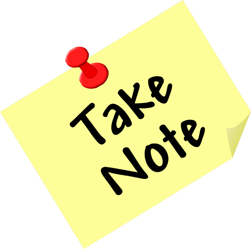 a yellow post it note with "take note" written on it and red thumbtack on the top of the note