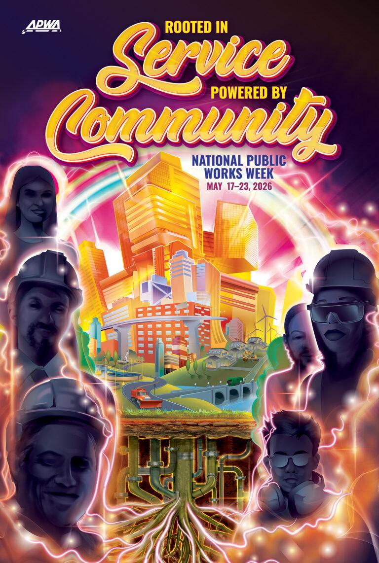 Colorful poster for National Public Works Week 2026 featuring a cityscape, infrastructure, and public works professionals with the theme rooted in service powered by community