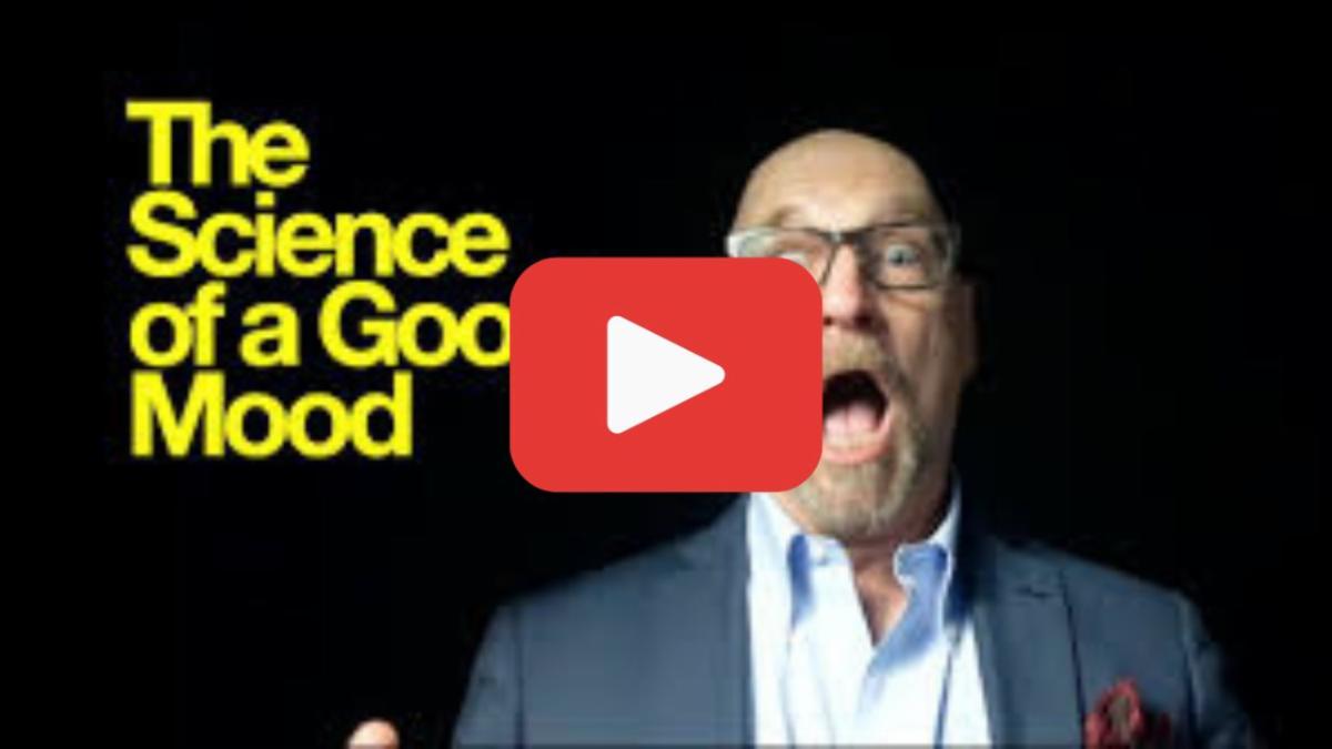 Man in glasses and suit with surprised expression on black background next to bold yellow text reading the science of a good mood large red play button in center