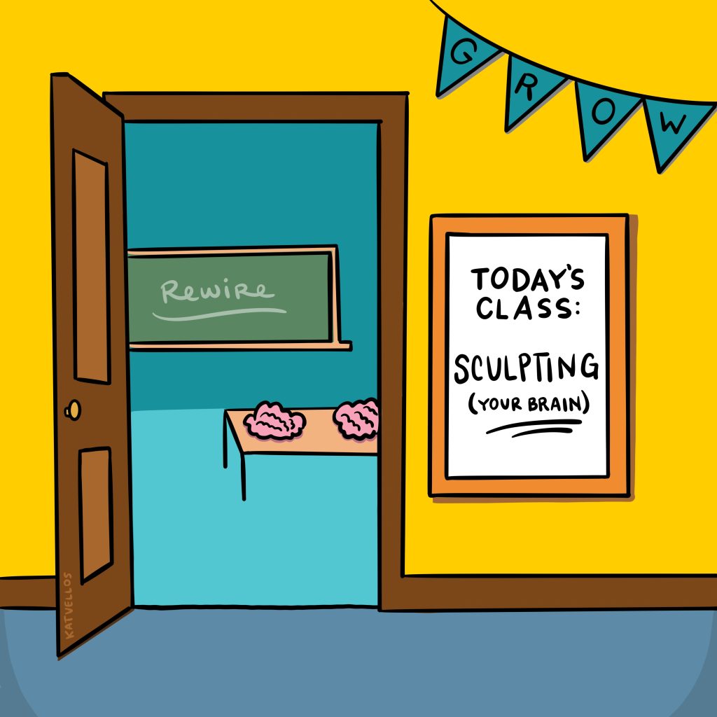 cartoon classroom with a sign that says todays class sculpting your brain a chalkboard inside reads rewire and two pink brains sit on a desk with a grow banner above