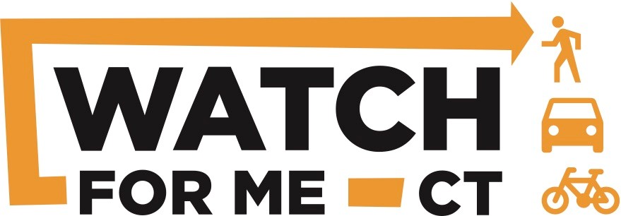 Watch for Me CT logo with bold black text, an orange arrow pointing to the right, and icons representing a pedestrian, motor vehicle, and bicycle to promote road safety and shared responsibility.