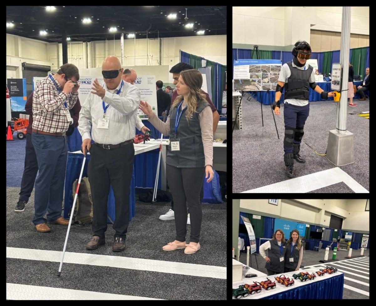 Attendees use vision and aging simulation tools at an interactive transportation safety exhibit.
