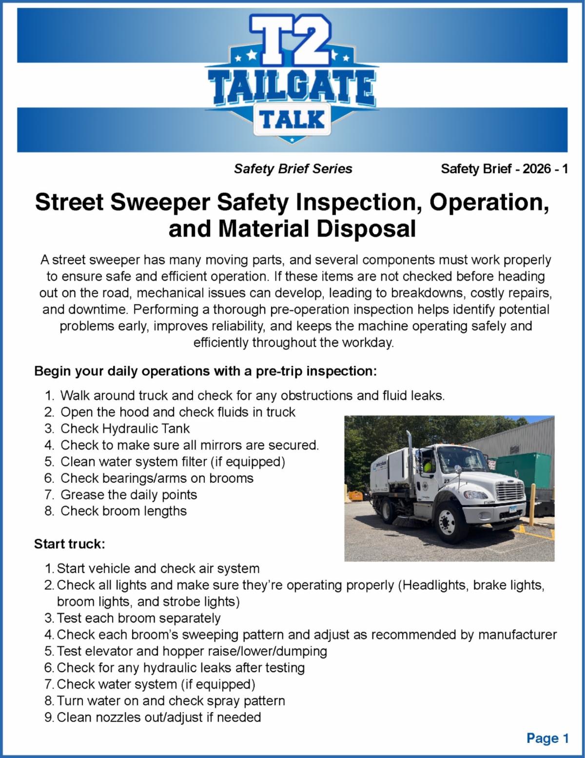 T2 Tailgate Talk: Street Sweeper Safety Inspection, Operation, and Material Disposal, featuring inspection checklists and a street sweeper photo.