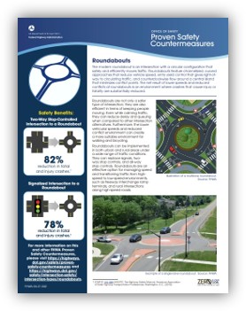 Federal Highway Administration fact sheet on roundabouts, highlighting safety benefits, design examples, and reductions in fatal and injury crashes of 82% when replacing stop-controlled intersections and 78% when replacing signalized intersections.