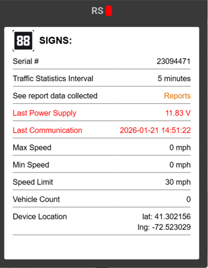 screen displaying traffic sign monitoring data including serial number, reporting interval, power supply voltage, last communication timestamp, speed settings, vehicle count, and GPS location