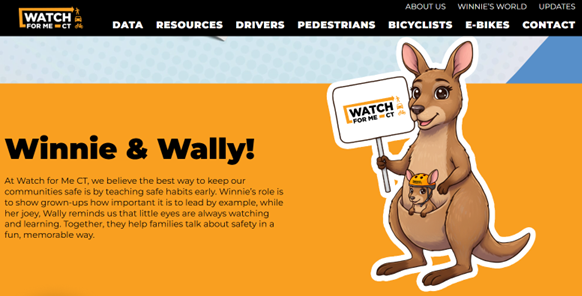 Illustration of a kangaroo named Winnie holding a Watch for Me CT sign with her joey Wally in her pouch on an orange background with text introducing Winnie and Wally as safety mascots.