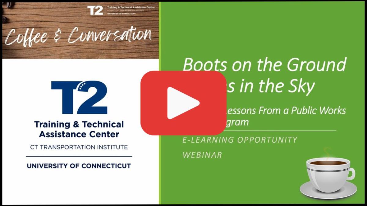 Coffee & Conversation webinar graphic featuring the UConn T2 logo, webinar title, coffee cup illustration, and video play button.