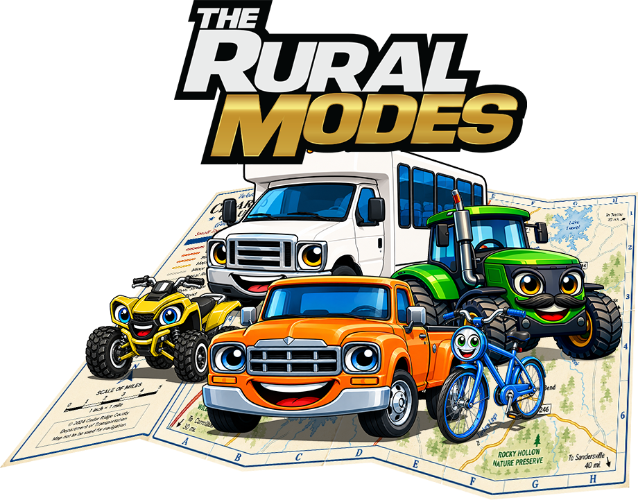 Illustration promoting Rural Modes featuring smiling cartoon-style rural transportation vehicles, including a pickup truck, shuttle bus, tractor, ATV, and bicycle, displayed over a folded road map.