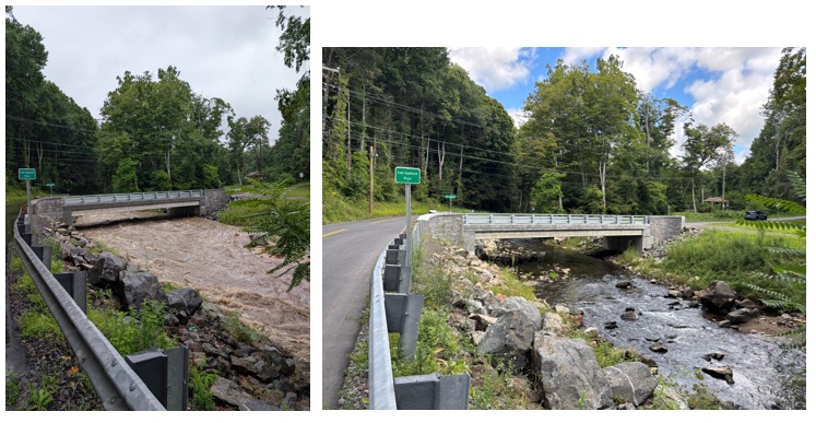 Van Car Bridge comparison showing high, muddy river flow on the left and lower, clearer water on the right.
