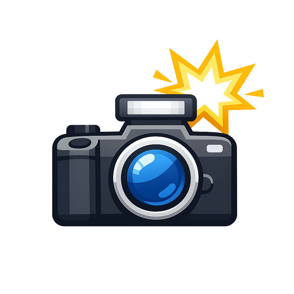 Illustration of a black digital camera with a blue lens and a bright yellow flash, symbolizing photography, capturing moments, or photo submissions.