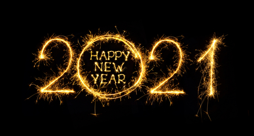 Happy New Year 2021. Creative lettering Happy New Year 2021 written sparkling sparklers isolated on black background for design. Beautiful Glowing overlay template for holiday greeting card.