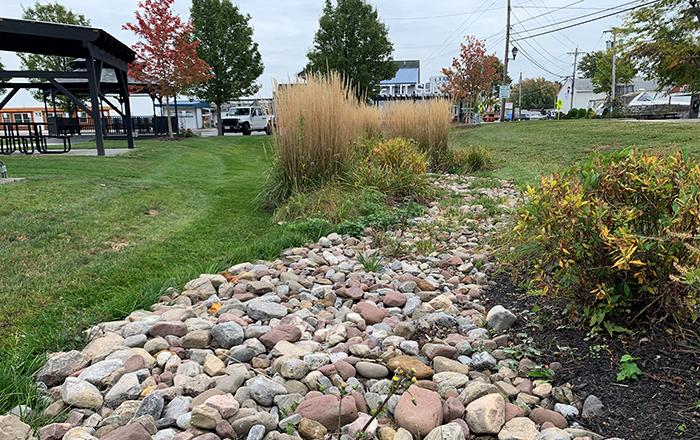 This bioswale installation helps reduce flooding and filters stormwater runoff in a village along New York’s Great Lakes shoreline. Credit: Mary Austerman/NYSG
