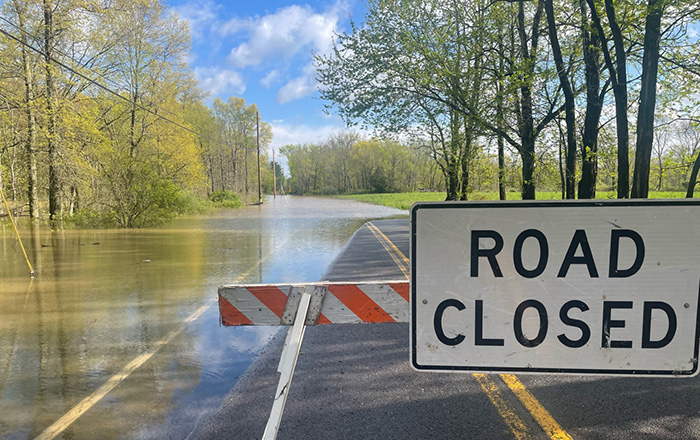 A flooded road next to the Wallkill River after a heavy rain event on 4/30/2023.  Credit: NY Sea Grant