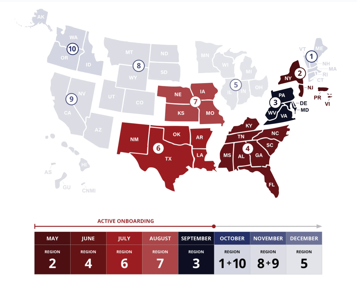 Click this image of the United States and its onboarding regions to go to the NERIS Onboarding webpage.