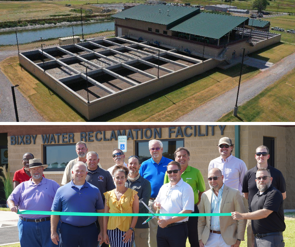 Split image with Aerial View of Treatment Plant on top and Ribbon Cutting with Bixby City Officials Staff and participating entities