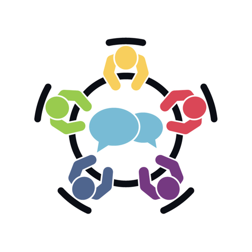Brainstorming and teamwork icon. Business meeting. Debate team. Discussion group. People in conference room sitting around a table working together on new creative projects.
