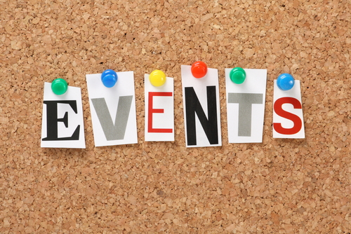 The word Events in cut out magazine letters pinned to a cork notice board. Events may refer to news and current affairs_ special occasions or circumstances that influence business planning