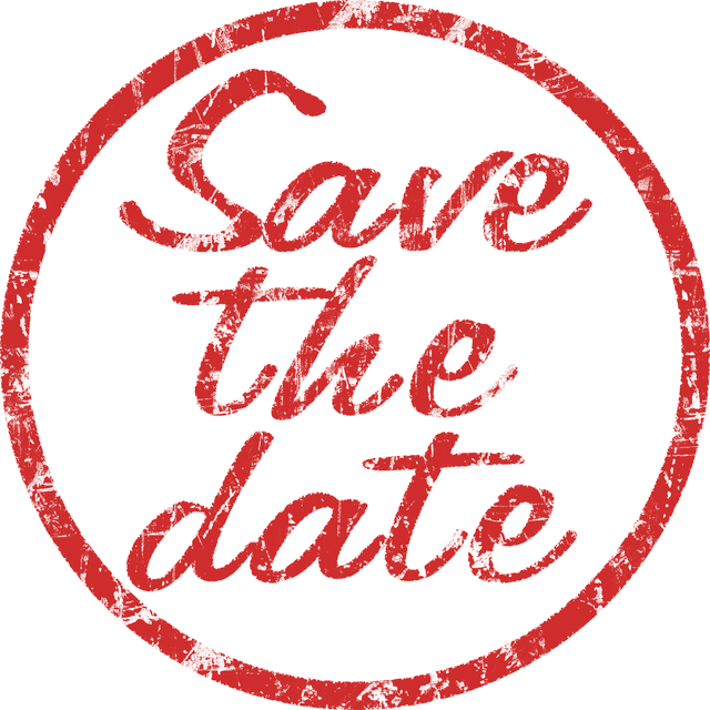 Red circle, inside reads "Save the Date". Image is made to look like a rubber stamp.