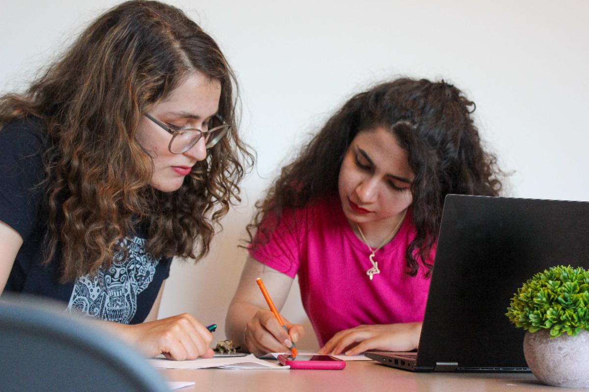 Two students study together at a desk.