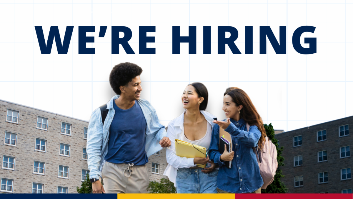 Residence Life and Services is hiring. Image feature students chatting by Victoria Hall.