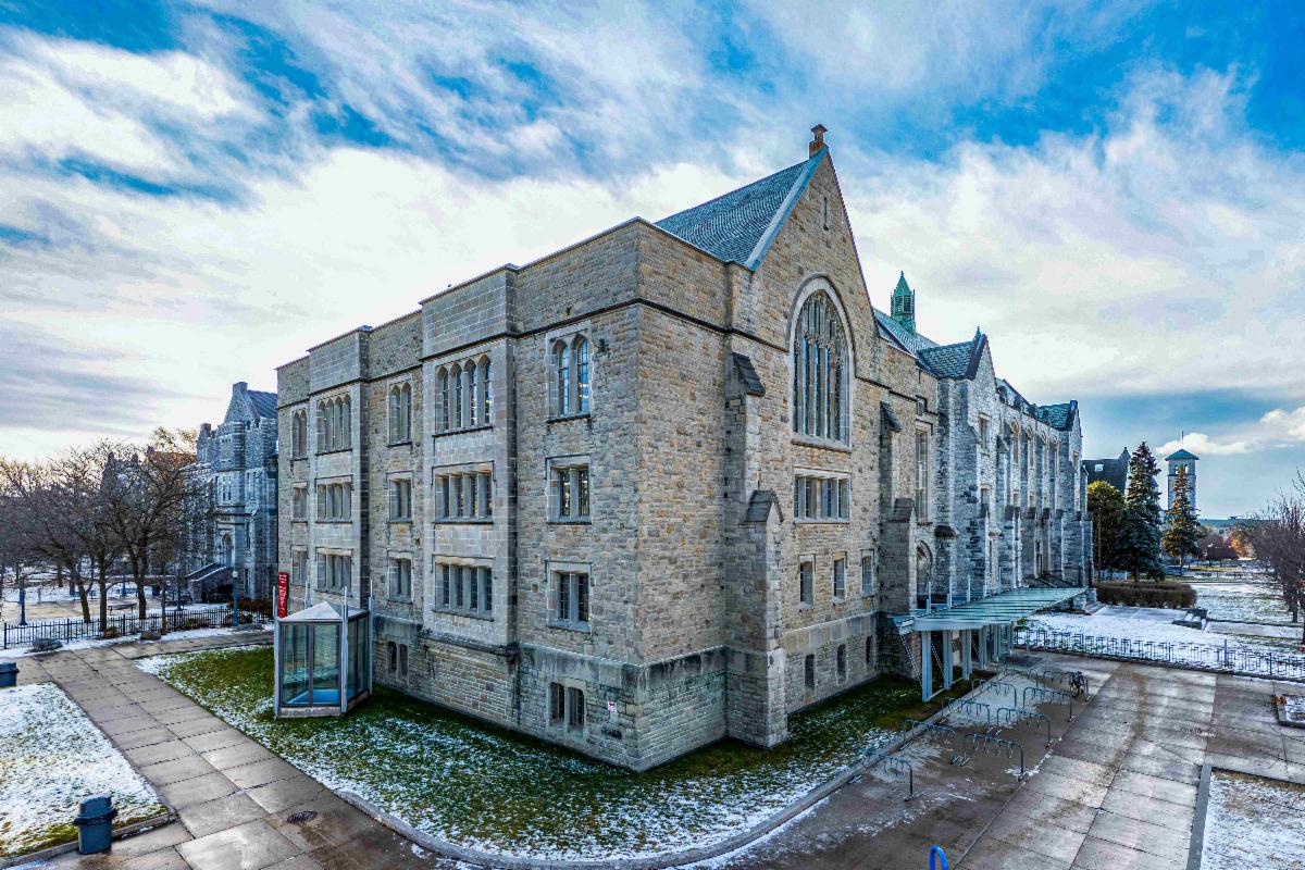 Douglas Library corner with light snow