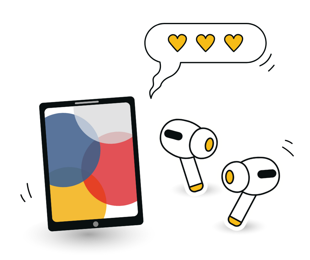 Illustration of a tablet, earbuds, and speech bubble with hearts