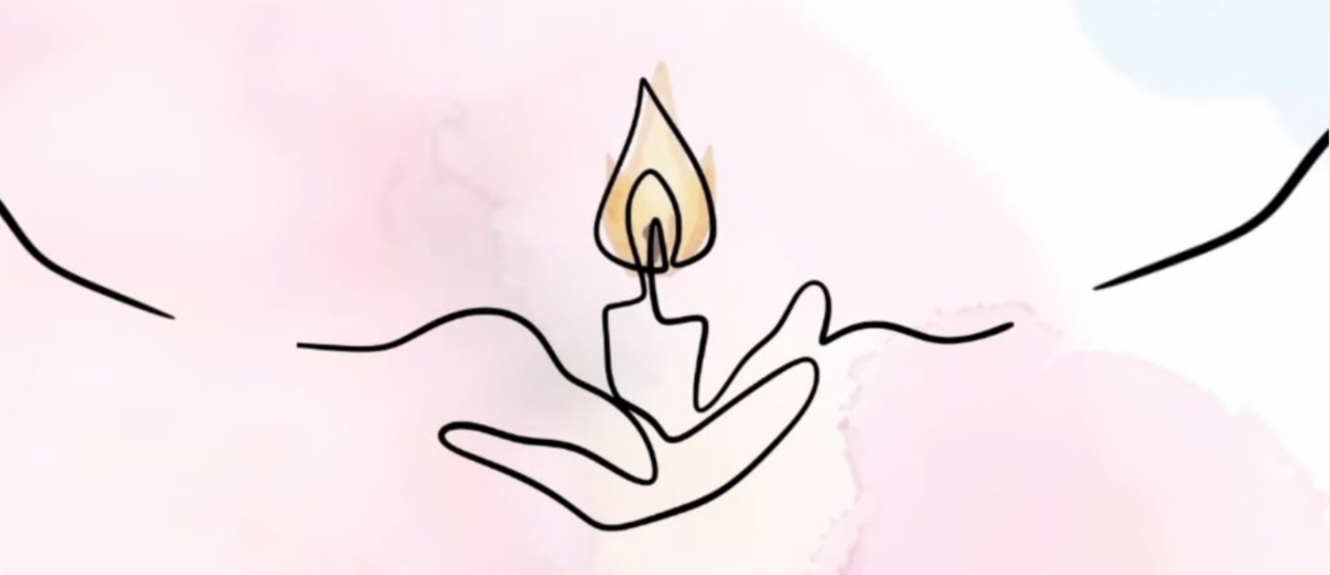 Line drawing of hands holding a lit candle