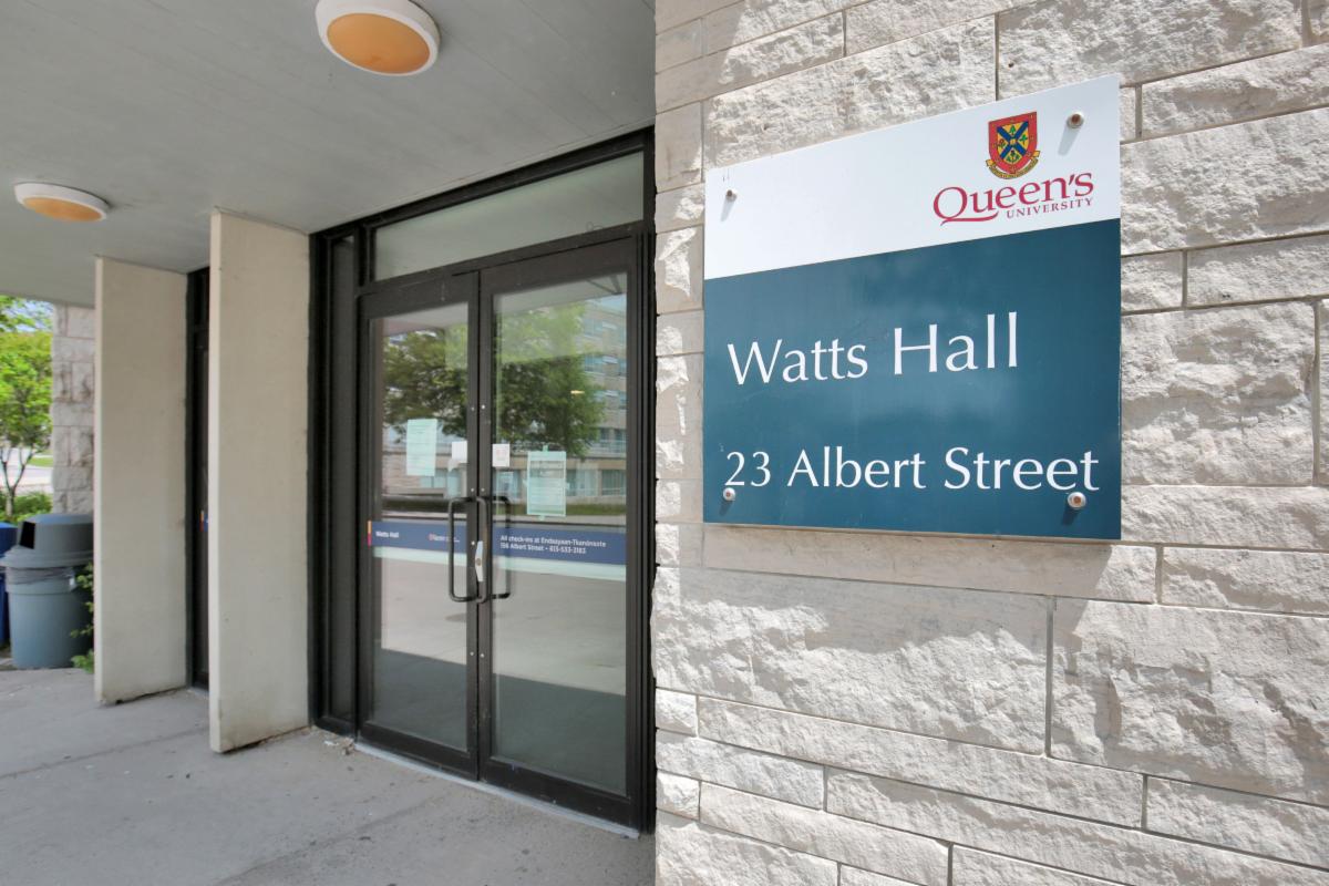 Watts Hall Residence front door with sign