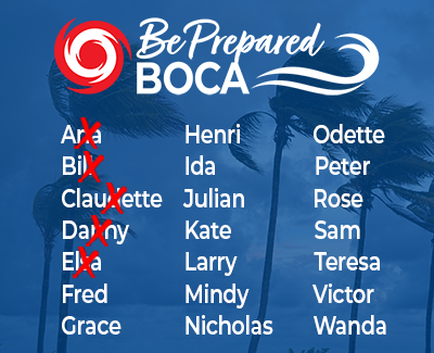 Be Prepared Boca. List of storm names with first five crossed out.