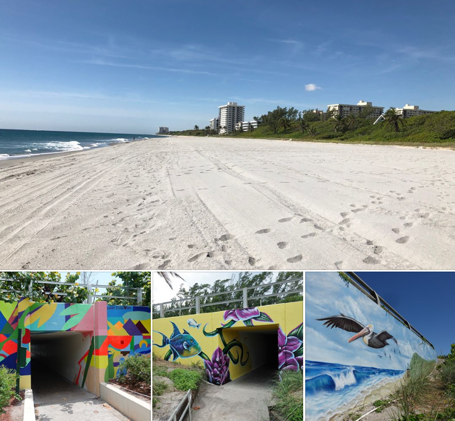 renourished Spanish River Beach and art murals at the beach access tunnels.