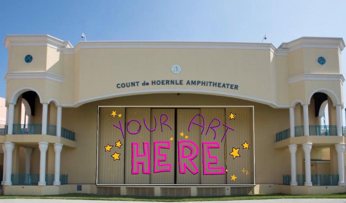 Mizner Park Amphitheater stage doors with overlay showing where art will go