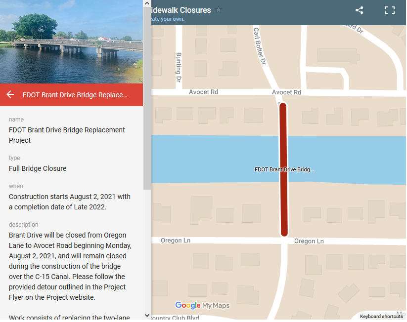 Google map showing a road closure