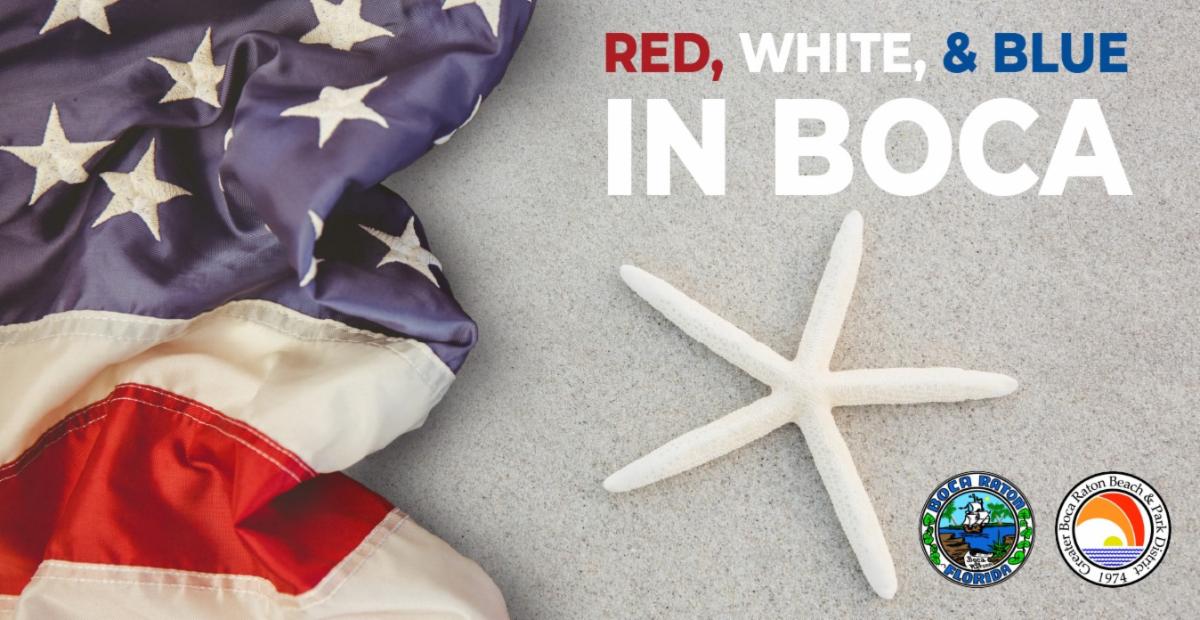 Red, white and blue in Boca. City of Boca Raton. Greater Boca Raton Beach and park District. American flag on the beach.