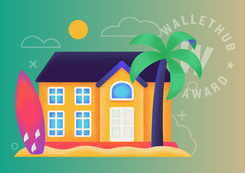 Cartoon graphic of beach house. Wallethub Award.