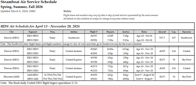 HDN Air Schedule for April 13- November 20, 2026 available online at flysteamboat.com