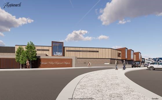 Digital architectural rendering of the exterior approach to an airport terminal. A modern, low-profile building with a mix of materials, including wood or wood-like paneling and metal elements.