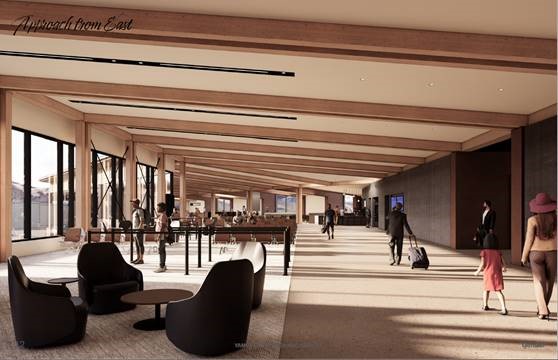 Interior architectural rendering of an airport terminal showing a spacious, modern concourse with wood-accented ceiling beams, large floor-to-ceiling windows allowing natural light, and various seating areas. Several travelers, including adults and children, are walking or seated, some with luggage. A coffee bar or café is visible in the center, creating a welcoming and comfortable environment.