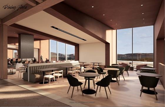 Architectural rendering of a modern airport dining area featuring large floor-to-ceiling windows that offer scenic views of a natural landscape. The space is furnished with a mix of round tables, chairs, and booth seating in neutral tones. Natural light fills the room, emphasizing the wood flooring and warm-toned walls and ceiling. The area appears spacious, clean, and designed for comfort, with ambient lighting creating a relaxed atmosphere. 