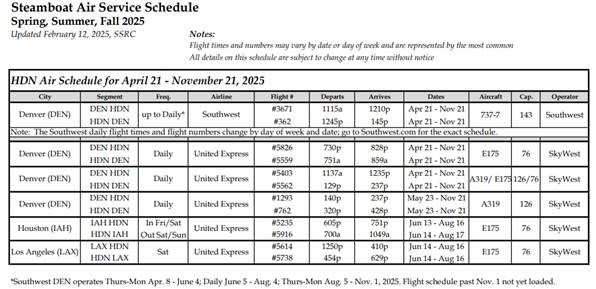 Spring Summer and Fall Flight Schedule that can be found online at https://flysteamboat.com/flight-schedule/