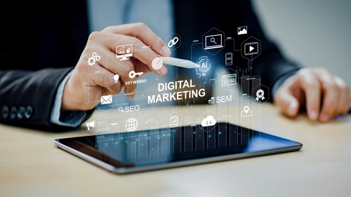 Digital marketing and financial business data analytics technology concept. Global website adertisement social media network_ SEO_ SEM video and mobile application icons with ai fintech for strategy.