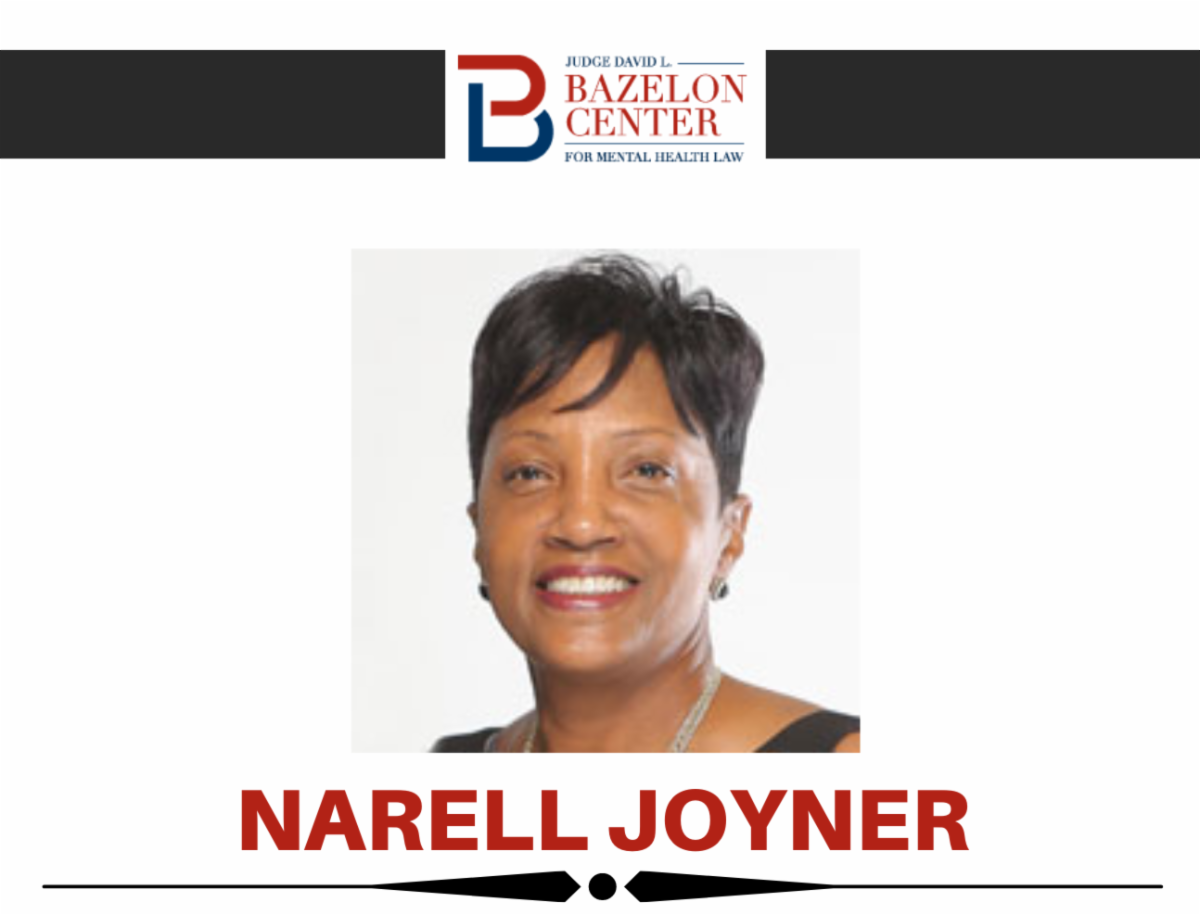 image is the Bazelon Center logo, and underneath is a picture of Narell Joyner, a Black woman with short black hair. She smiles