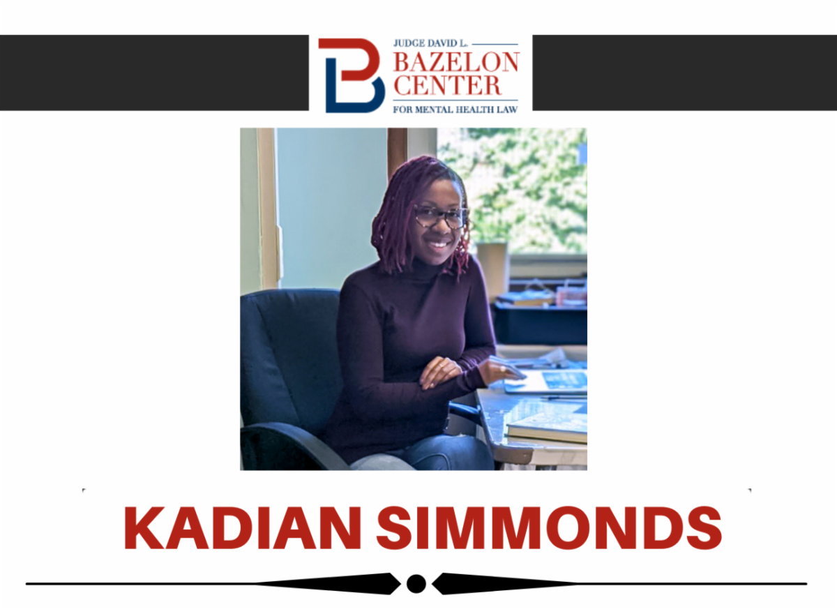 image is the Bazelon Center logo, and underneath is a picture of Kadian Simmonds a Black woman with brown and light brownish red locs. She wears glasses and smiles sitting a desk by a window.