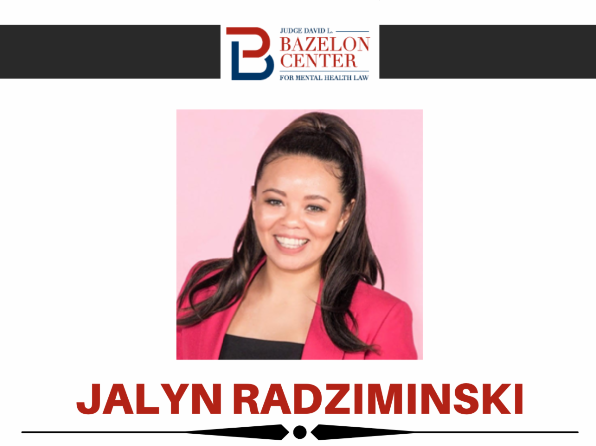 image is the Bazelon Center logo, and underneath is a picture of Jalyn Radziminski. A light skinned Black and Asian person. They wear a high ponytail with a black top under a pink suit. Jalyn smiles in front of a light pink background. 